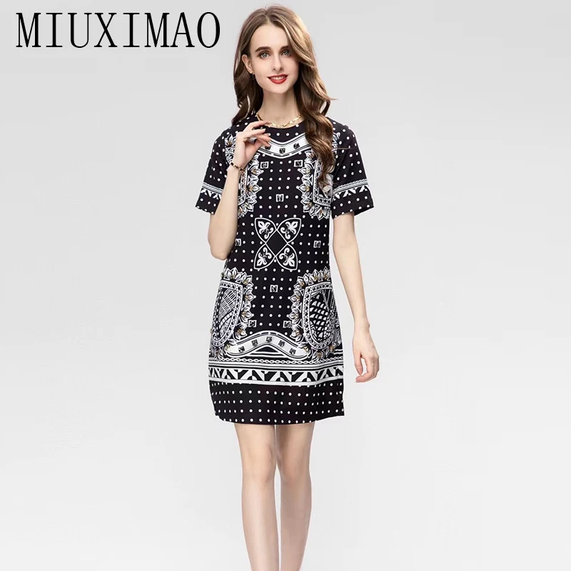 

MIUXIMAO 2023 High Quality Spring&Summer Diamond Dress Short Sleeve O-Neck Print Fashion Mini Dress Women Vestide