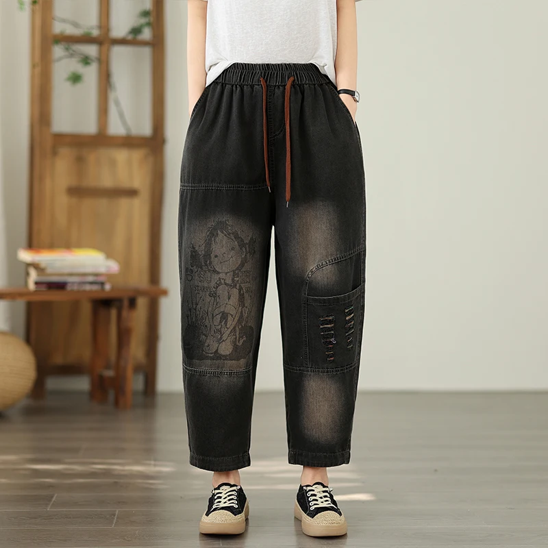 Rétro Waed fiti Denim Jeans Femme Été Grande Taille Lâche Mince Harlan Décontracté Polyvalent Carotte Papa Pantalon Taille Haute Nin...