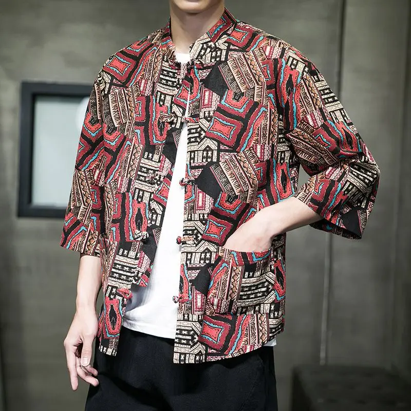 2023 Summer New Stand Collar Printing Single Breasted Three Quarter Shirt Man Chinese Style Cotton Hemp Loose Fashion Cardigan