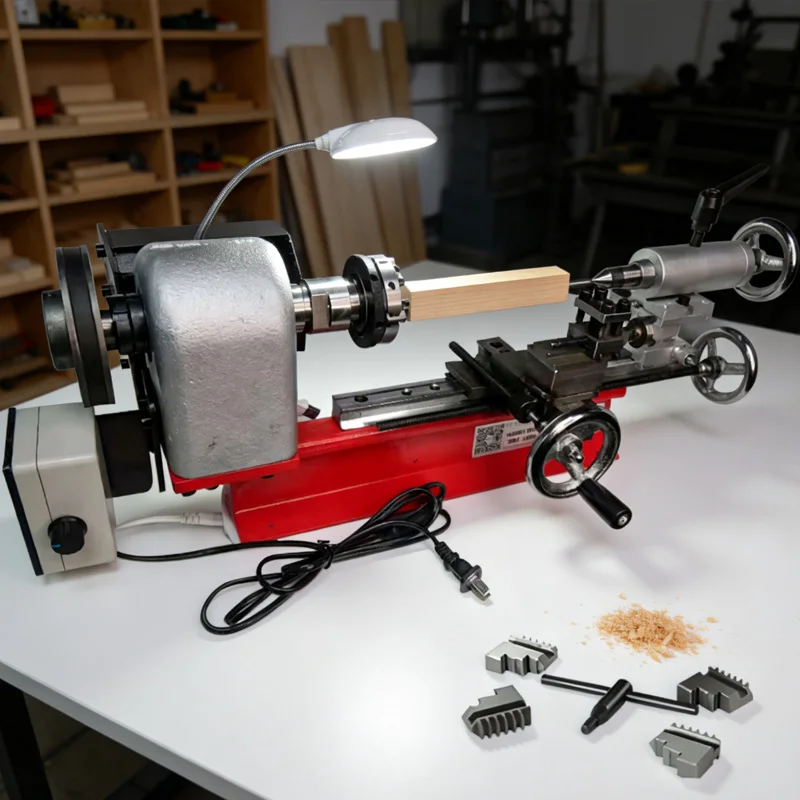 Desktop Lathe DIY Small Mini Micro Lathe Machining Length 200/50mm with Working Light Optional 65mm/80mm Chuck 4 Jaws DIY