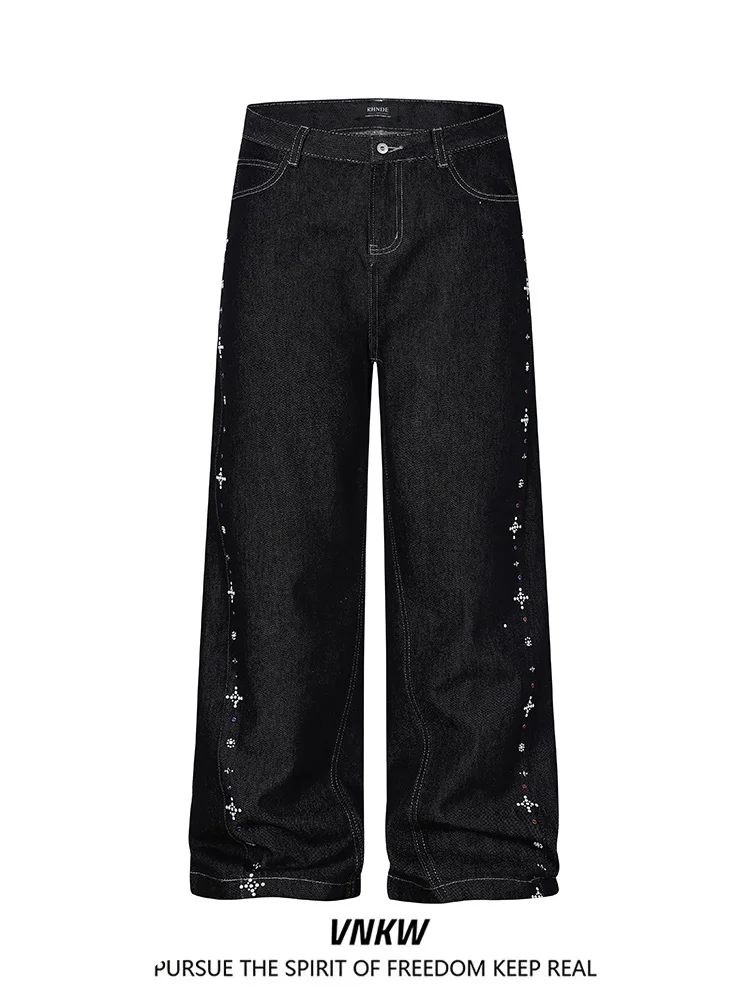 

American Retro Straight Leg Original Jeans Men's Loose Wide Leg Casual Long Pants Pearl Decoration Cotton Polyester Blend