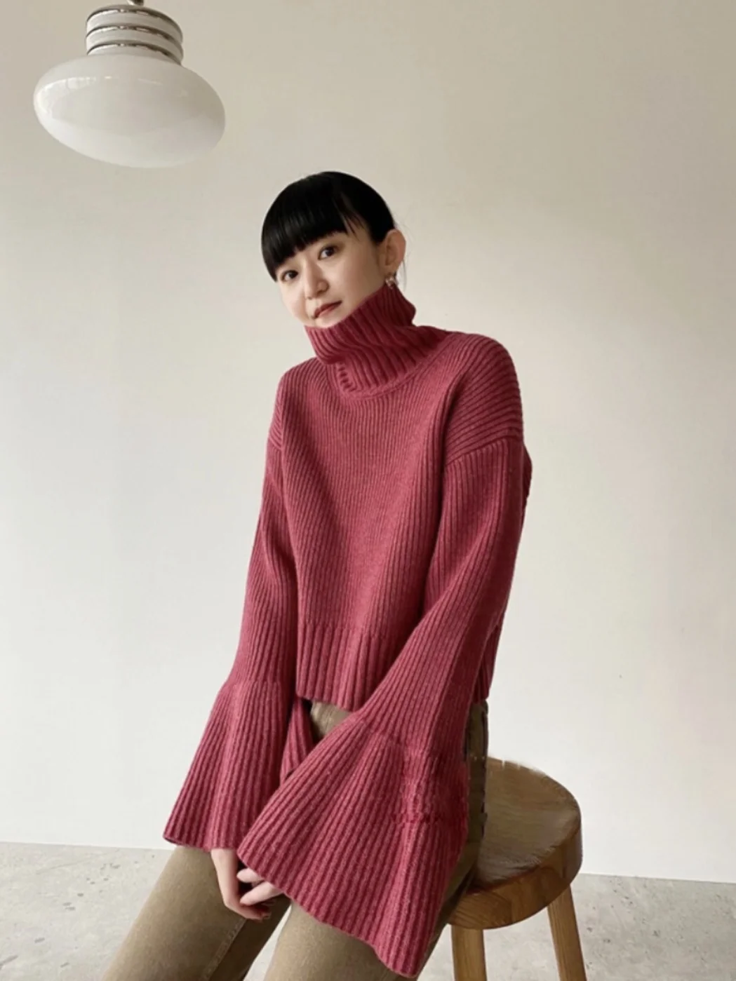 

Pure Wool ort Knit Sweater with Bell Sves High Collar Winter Faion by Clane Ele Commute Sle Knitted Top