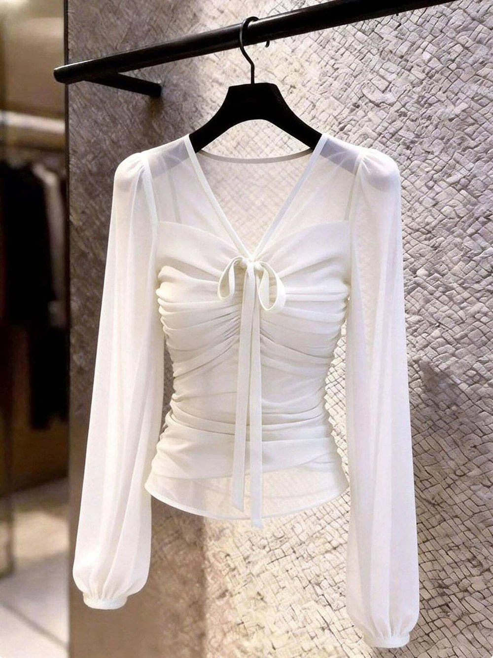 Sexy V-neck Drawstring Long Sleeve Mesh T-shirt Women's Spring Summer New Pullover Top Design Sense Pleated Slim Blouse