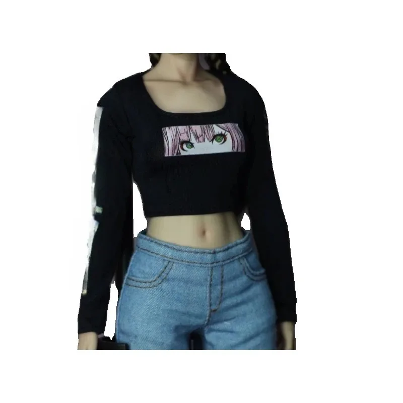 1/6 Scale Long Sleeves Trend Printing Letter T-shirt Show Waist Tops Toys Doll Clothes Model for 12'' Female Soldier TBL Body
