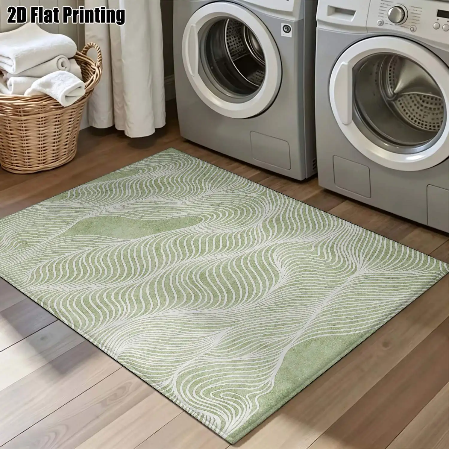 1Pc 2D Printed Green Wave Line Nordic/Instagram Style Minimalist Geometric Abstract Art Carpet, Machine Washable, Multi-Size, Ideal for Home Decor Such as Living Room, Bedroom, Dining Room, Entrance, Study