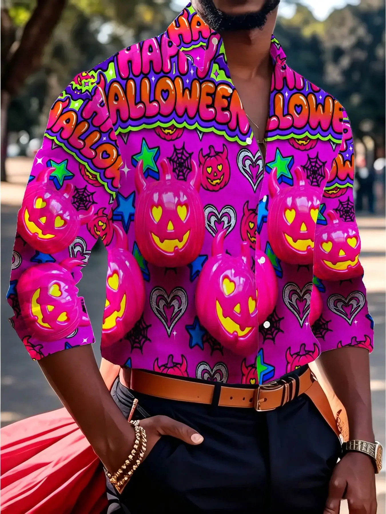Mens Happy Halloween Party Shirt, Neon Graffiti Pumpkin Graphic Long Sleeve Casual Top