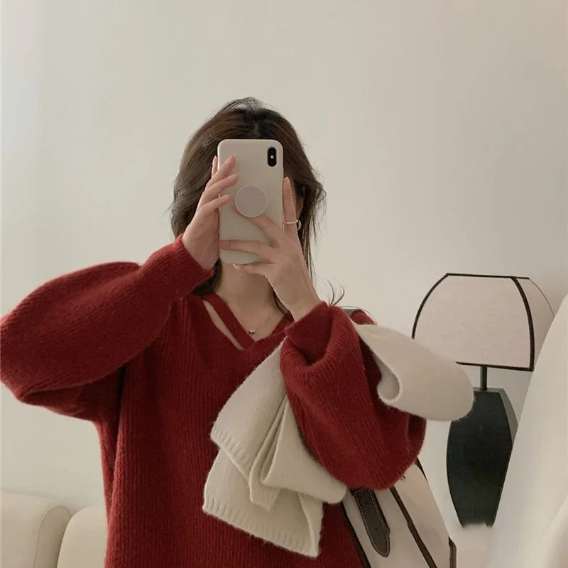 سترة نمط كسول لخريف وشتاء المرأة فستان خارجي فضفاض النمط الغربي متوسطة طويلة محبوك سترة بأكمام طويلة