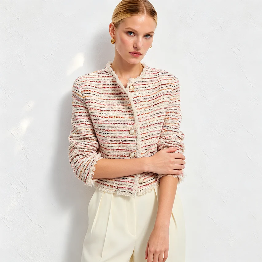 IG 2026 Women's Round Neck Striped Tweed Short Jacket, Pearl Button Front Fringe Hem Three Quarter Sleeve Cropped Outer Coat