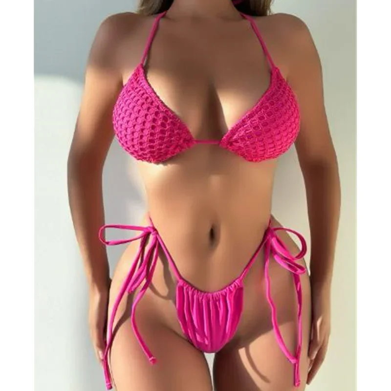 2 Pieces Bikini for Women 2024 Sexy Solid Color Tie-Up Halter Neck Padded Bra Thong Bottoms Beach Bathing Suit Swimwear