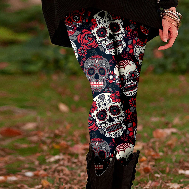 

Женские леггинсы с принтом черепа на Хэллоуин, уличные брюки из полиэстера и спандекса, эластичная эластичная талия, осенне-зимняя уличная одежда