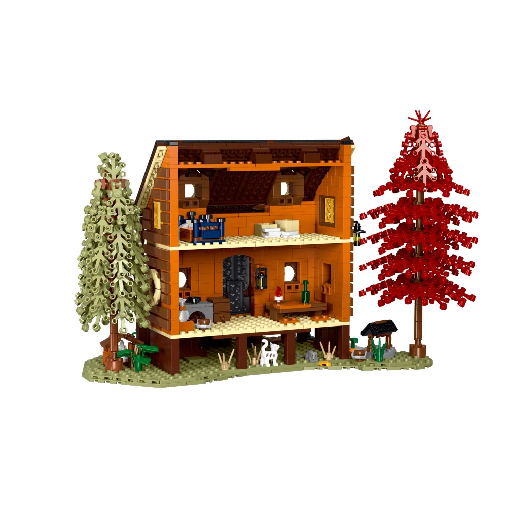 MOC Forest Cabin Cozy Cottage Wood House Building Blocks Set Tree Hut Wtih Light Toys For Children Birthday Holiday Special Gift