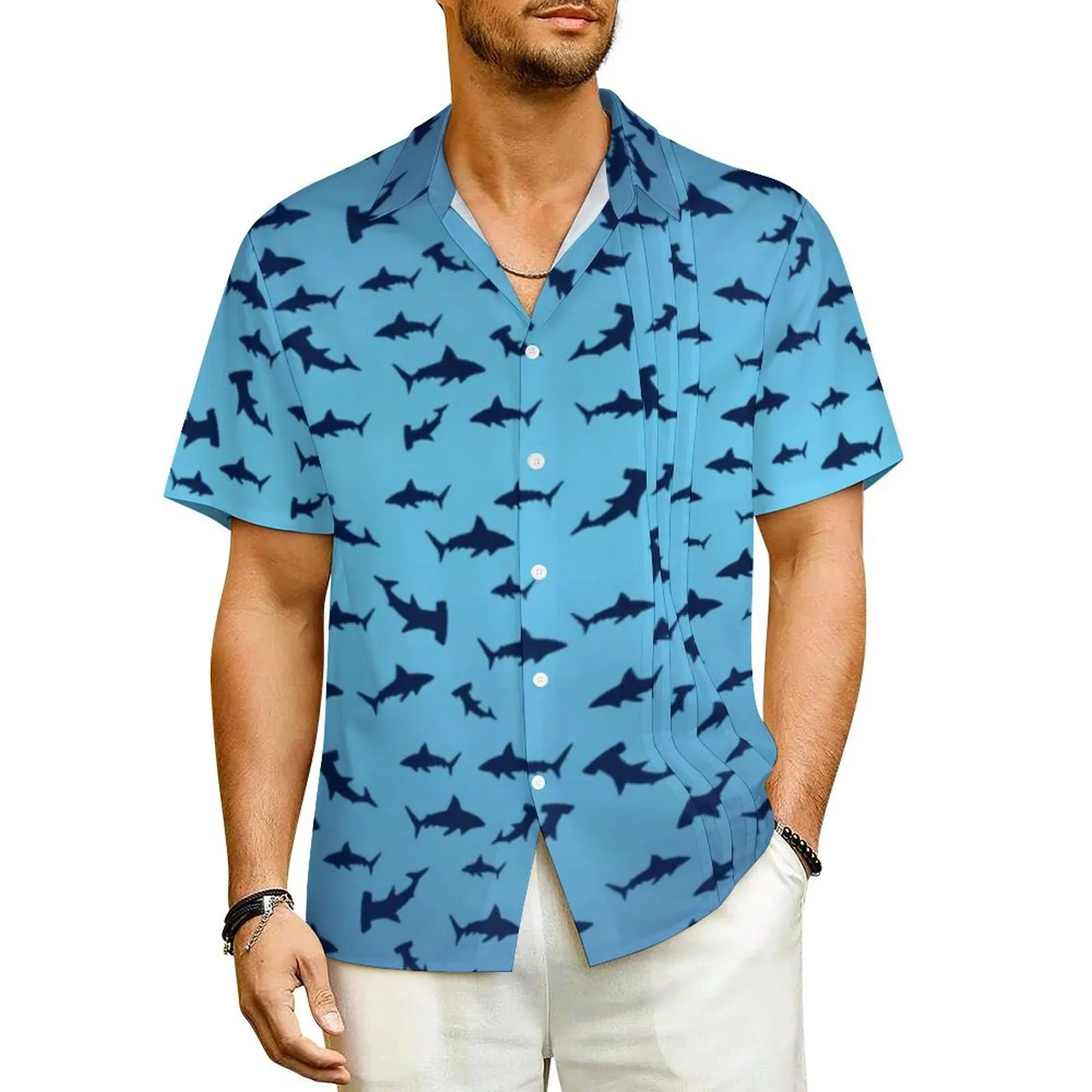 

Hawaiian Shirt Beach Shark Art Print Blouses Hammerhead Sharks Retro Casual Shirts Man Short Sleeve Y2K Funny Oversized Clothing