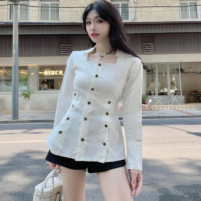 

Элегантная белая хлопковая приталенная рубашка для женщин, весна 2025, повседневный французский стиль, с длинным рукавом, из чистого хлопка, женская блузка