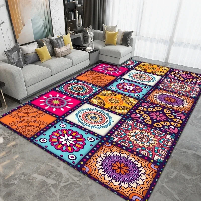 Boho Mandala Patchwork Area Rug Soft Non‑Slip Large Carpet Colorful Ethnic Geometric Mat for Living Room Bedroom Home Decor