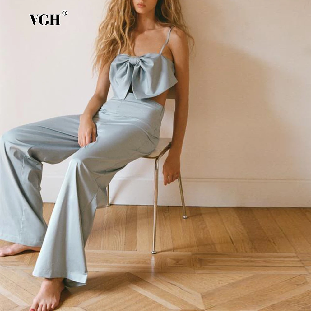 

VGH Elegant Two Piece Sets For Women Square Collar Sleeveless Backless Folds Tops High Waist Wide Leg Pants Casual Set Female