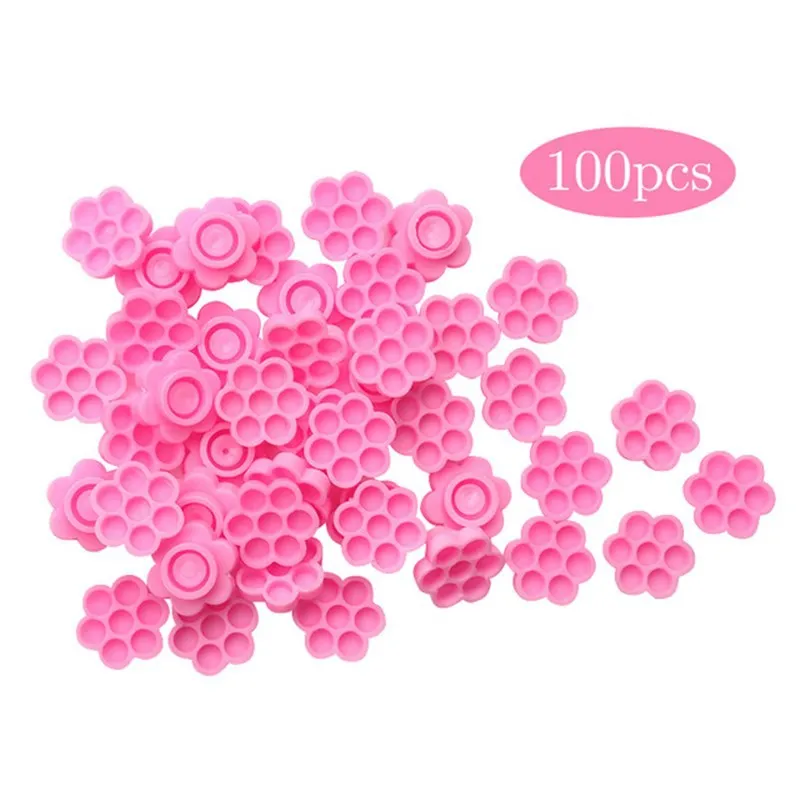 100pcs Eyelash Extension Pink Flower Glue Delay Cup Tattoo Adhesive Pigment Holders Grafting Eye lashes Holding Trays Tools