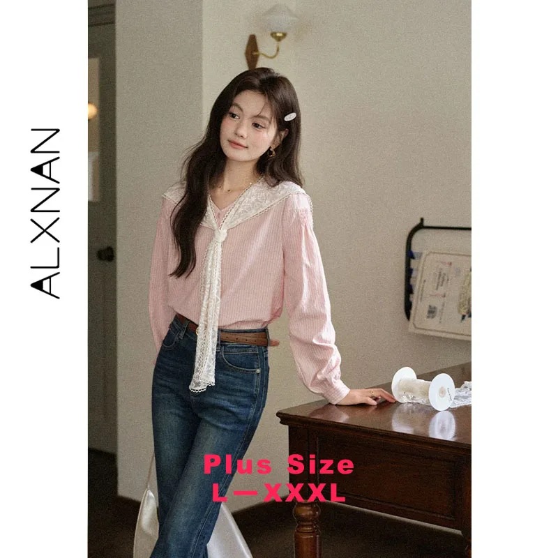

ALXNAN Plus Size Pink Striped Shirt 2026 Fall Cotton Long Sleeve Shawl Office Lady Blouses Loose Fit V-neck Tops Female D12719