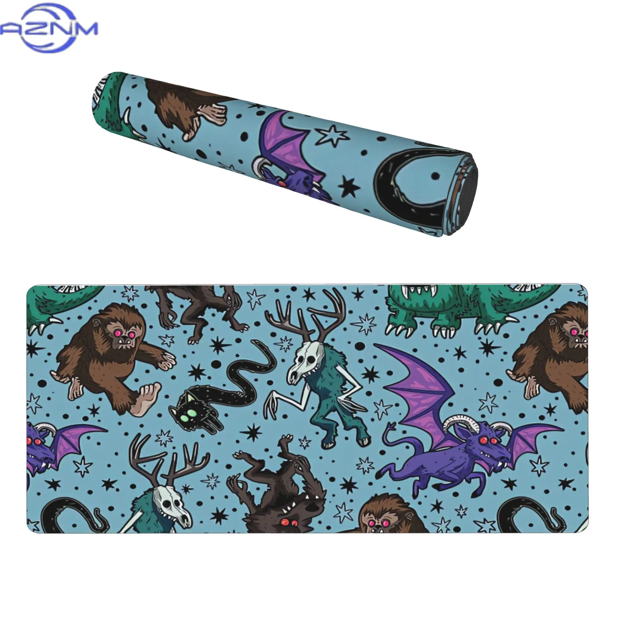 Cryptid Monsters Desk Mat with Non-Slip Base & Wrist Rest - Suitable for Mood Lighting, Soft Night Light Blue for Desks, Bedroom