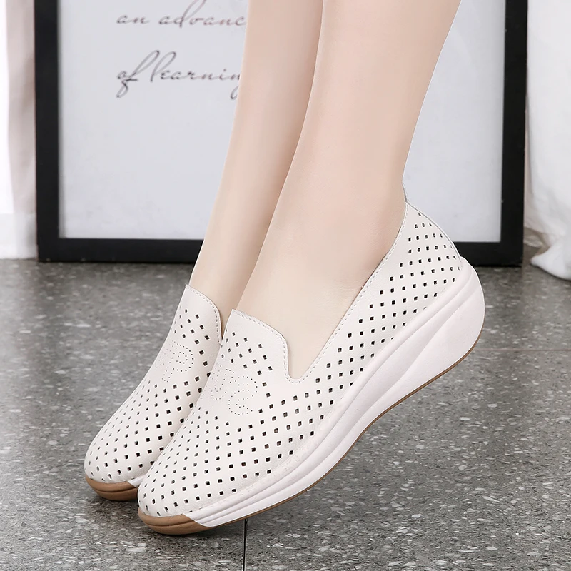 Plus Size Microfiber Hollow Women sneakers Summer Wedges Outsole Shoes Sneakers For Lady Breathable Wedding loafers shoes