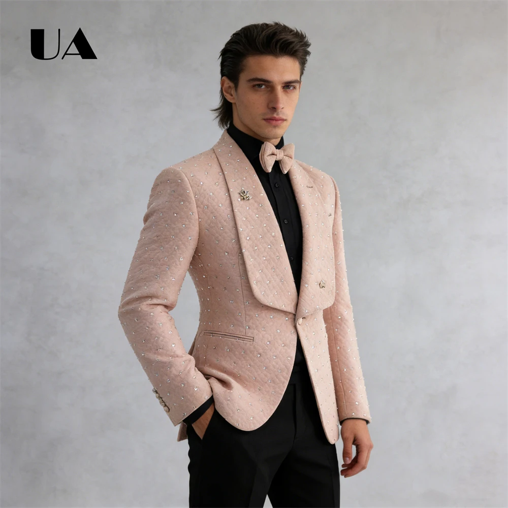 

Rhinestones Suit Set for Men, Wide Collar One Button Suit Jacket with Black Pants, XS-4XL Wedding Suit Attire for Mens