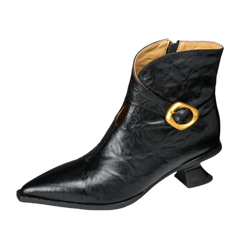 

2025 Women Modern Ankle Boots Genuine Leather Pointed Toe Strange Heel Sexy Party Shoes