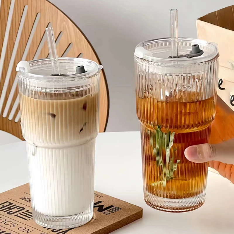 

600ml Stripe Glass Cup Iced Coffee Mug Transparent Glasses With Lid and Straw Tea Cup Juice Glass Milk Water Cup Drinkware