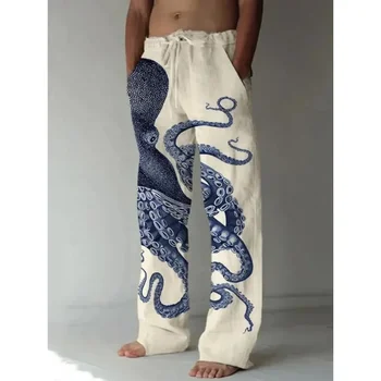 Unisex perna larga calças com polvos gigantes e estampas de lula, roupas casuais, harajuku, hipster, verão
