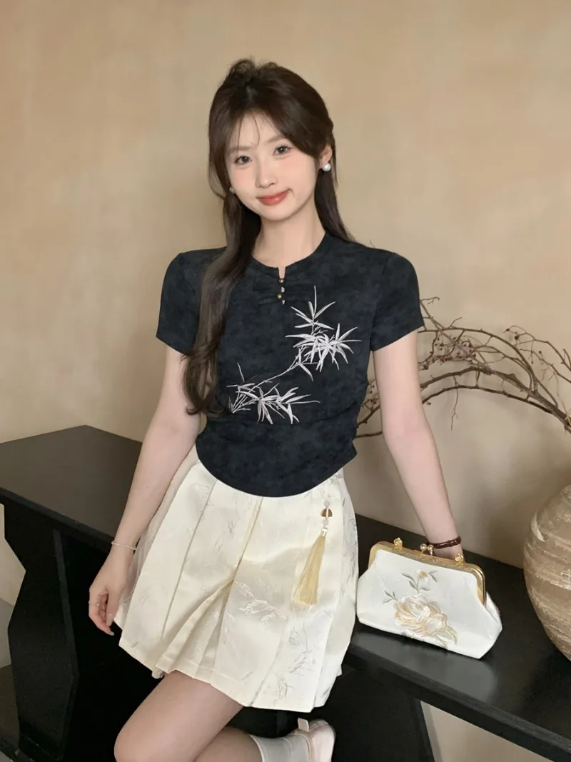 Miiiix New Chinese Tie Dyed Embroidery Retro Standing Neck Button Short Sleeved T-shirt Women's 2024 Summer New Slimming Top