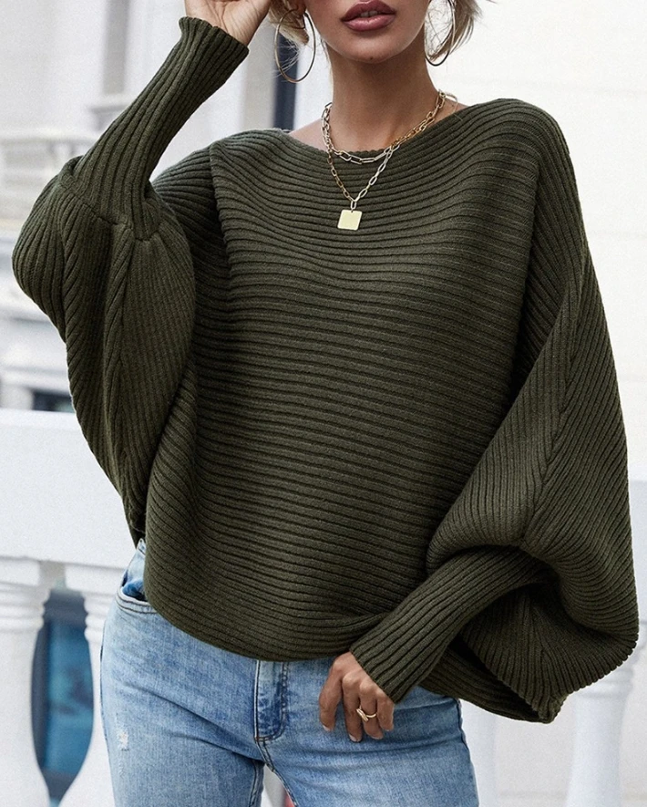 Sweater Women Winter Lantern Batwing Sleeve Oversized Ribbed Knit One Shoulder Large Pullover Ladies Loose Oversize Sweater