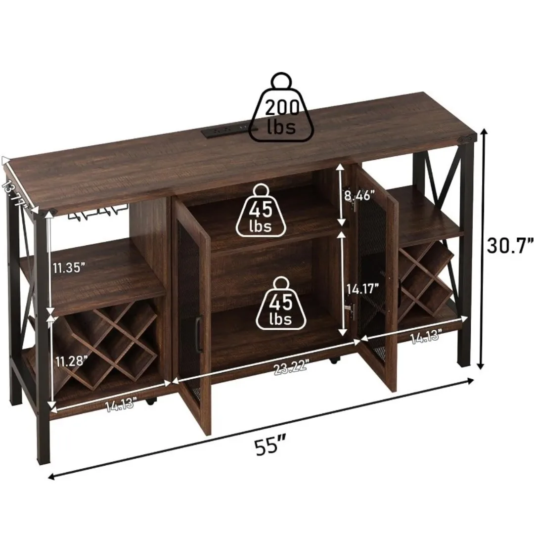 Industrial LED Bar Armário com Removível Wine Rack e Suporte De Vidro, Armário De Licor, Cozinha e Sala De Estar, 55"