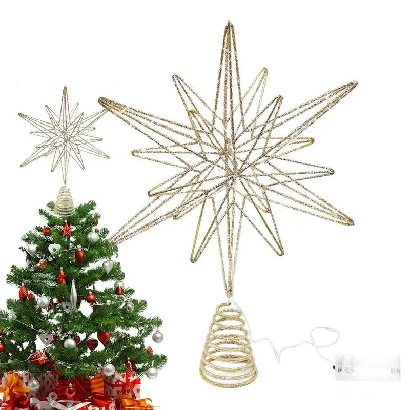 Estrella luminosa para árbol de Navidad, luz LED alimentada por batería, adorno para árbol de Navidad, diseño hueco, decoración navideña con purpurina