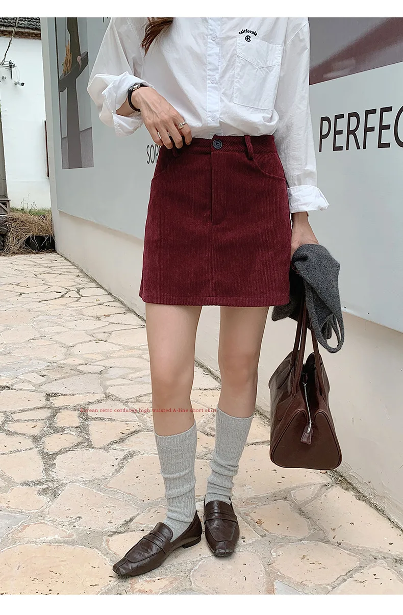 Women's High-Waist A-Line Short Skirt Spring Autumn Retro Brown Corduroy Skirts Woman Solid Color Straight Leg Pencil Skirt Mini
