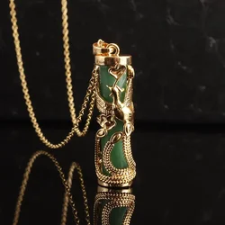 New Retro Gold Color Craft Imitation Jade Dragon Column Phoenix Gilt Necklace Pendant Male and Female Couple Silver Jewelry