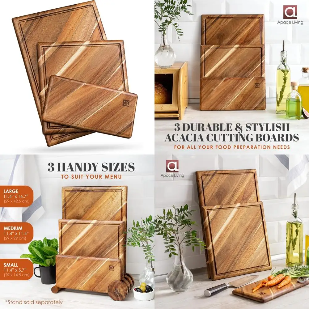 

Acacia Wood Cutting Board Set - 3 Piece Kitchen Set with Juice Groove for Meat Chopping and Butchering
