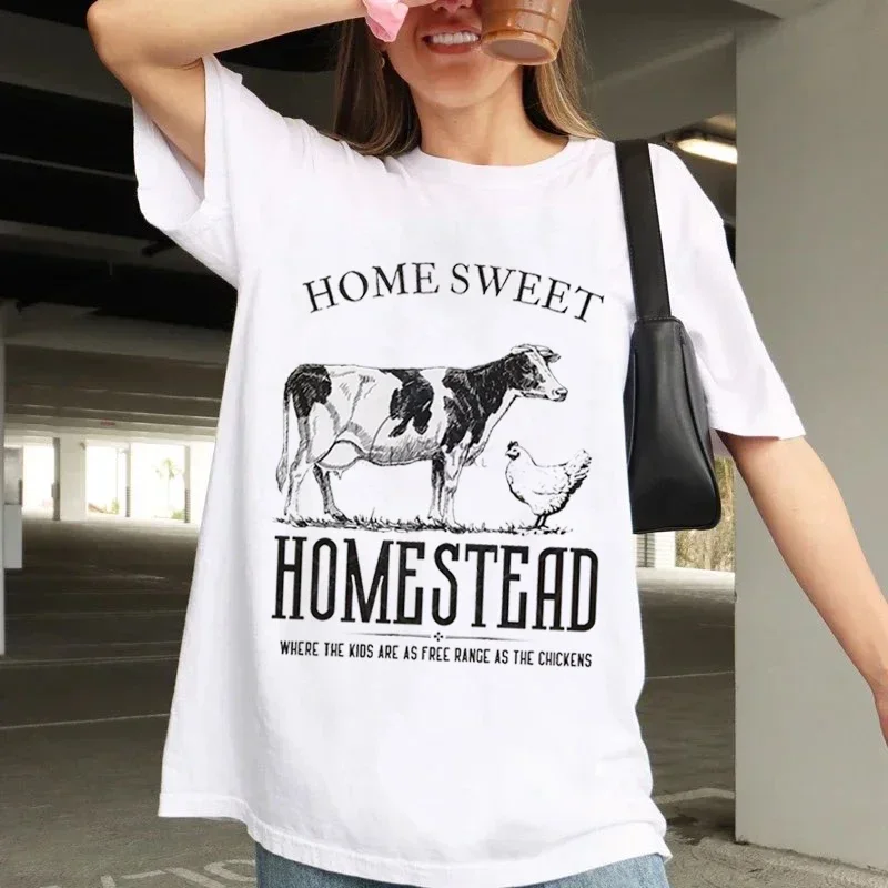 Home Sweet Homestead - Western Printed T-Shirt Cute Women's Summer New Women's Short Sleeve Printed Basic Trendy Style T-Shirt.