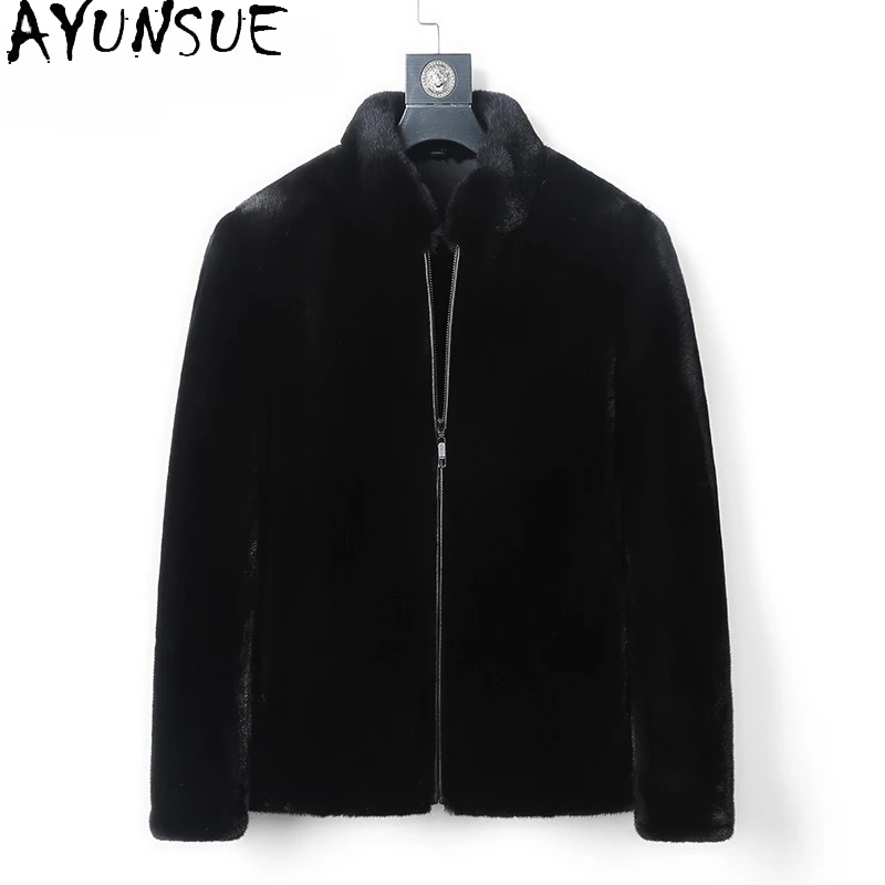 AYUNSUE معطف فرو المنك الطبيعي الكامل رجل الخريف الشتاء الفاخرة 2025 جودة عالية معاطف الفرو الحقيقي فرو المنك سترة البيسبول طوق