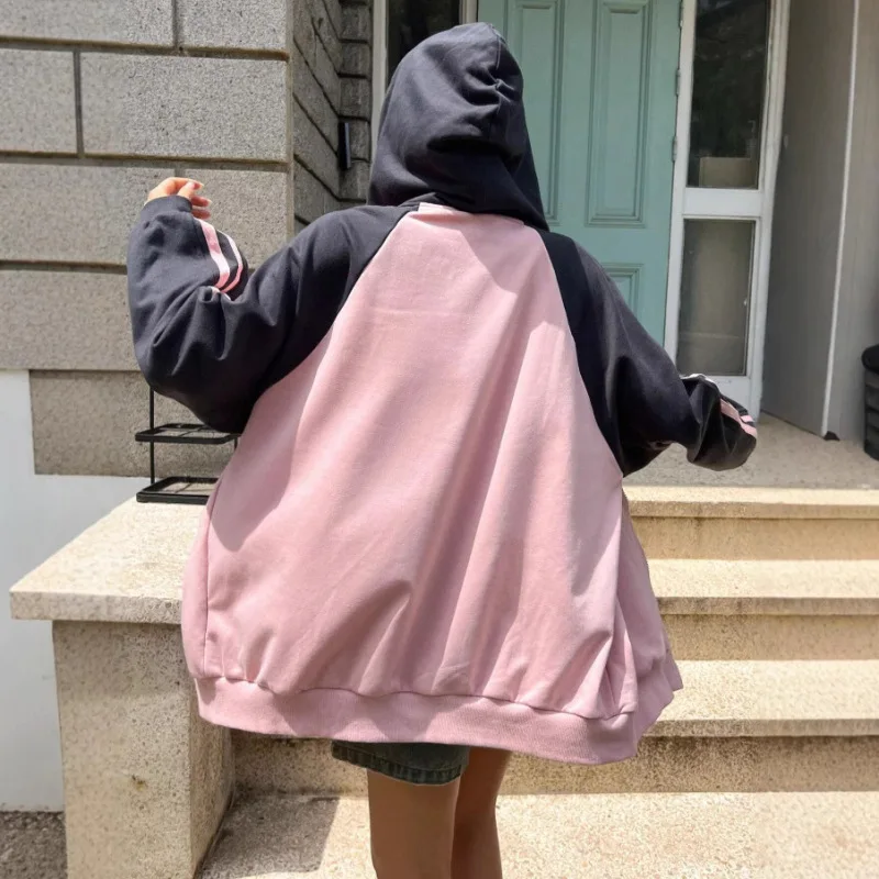 American rétro style patchwork contrastant sweat à capuche, lâche et paresseux automne et hiver veste