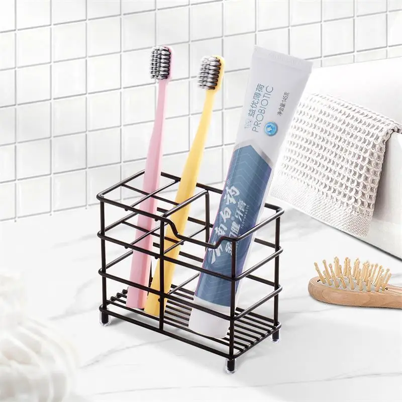 No-Install 4-Grid Bathroom Storage Rack, Drainable Multi-Hole Toothbrush Toothpaste & Rinse Cup Desktop Holder