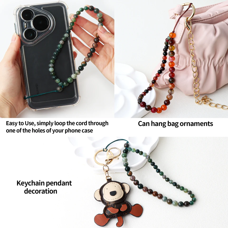 Lot De 4 Dragonnes Téléphone Perles Pierres Naturelles – Bracelet Poignet Élégant Anti-Chute, Bijoux Décoratifs Pour Smartphone