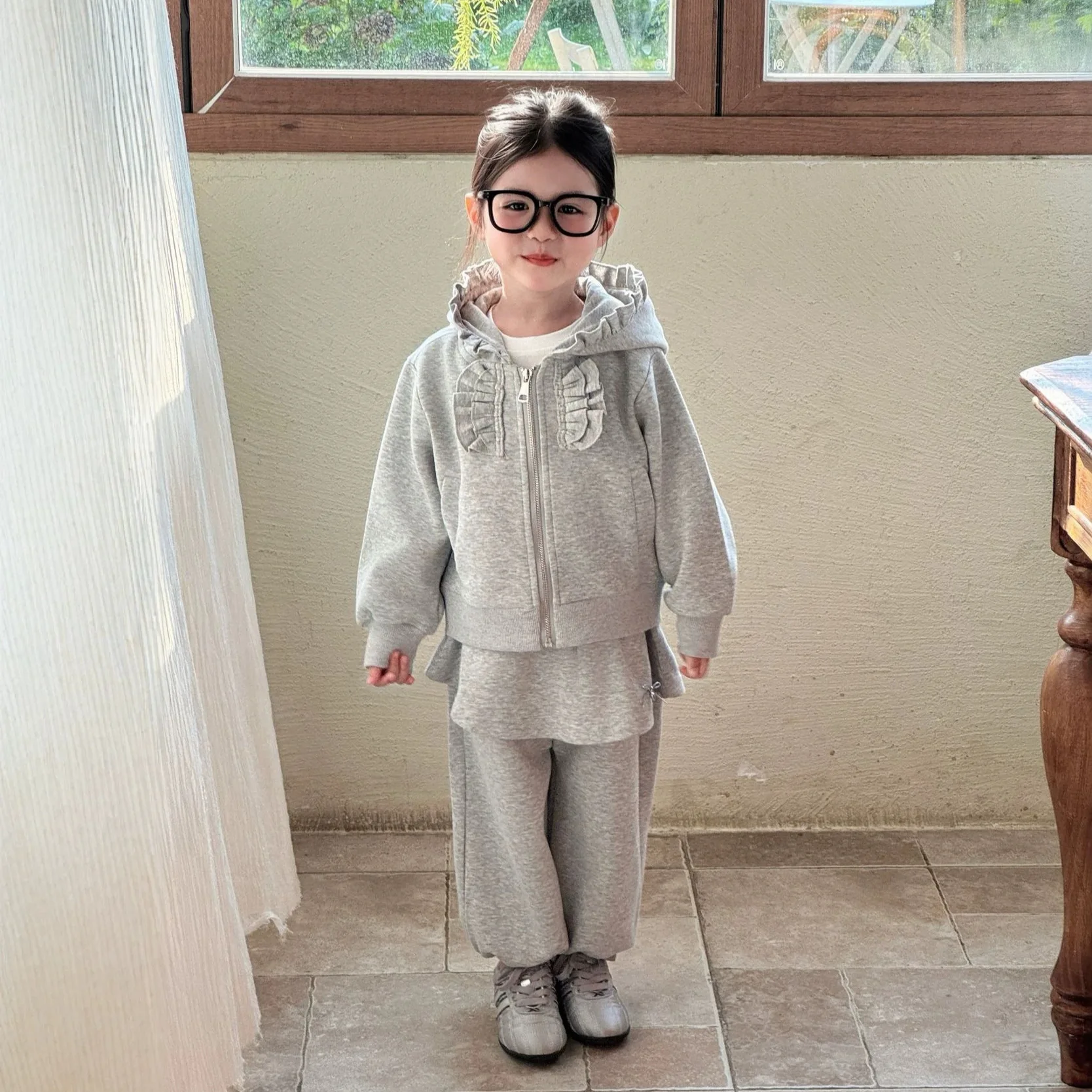 Girls Fall Set Korean Grey Composite Hooded Ruffled Jacket Diaper Cover Casual Sweatpants Two Piece Set