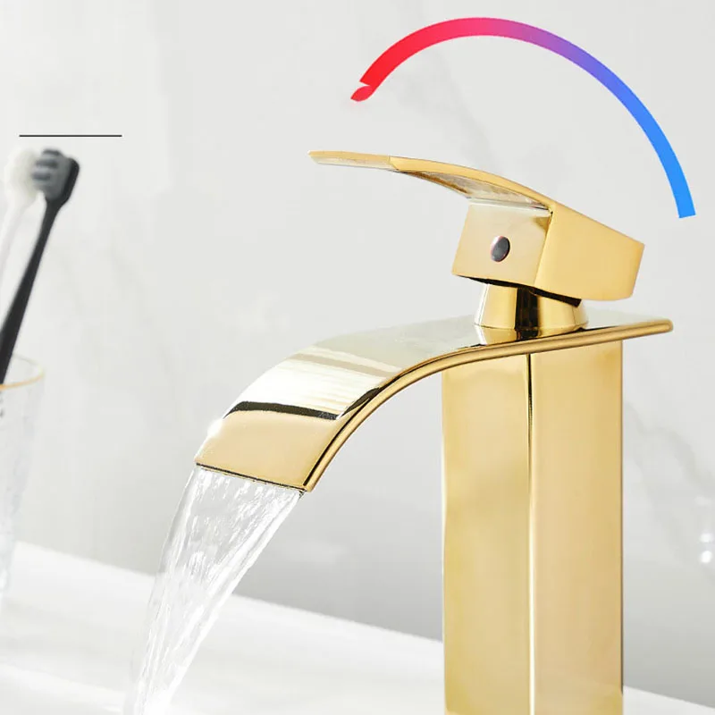 

Oulylan Hot and Cold Basin Faucet Gold Waterfall Faucet Flat Mouth Modern Minimalist Bathroom Wash Basin Mixer Water Tap