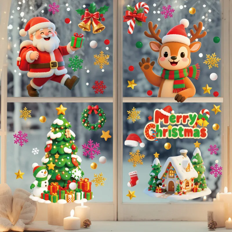 ملصقات سانتا كلوز زينة نافذة رجل الثلج الأزرق ملصقات زجاجية ثابتة زينة عيد الميلاد ملصقات نافذة ندفة الثلج #3