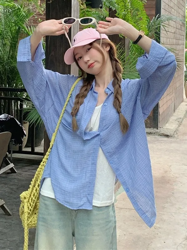 

plus Size Korean Style Plaid Long Sleeve Shirt Summer New Vintage Loose Slimming Casual Sun Protection Open Cardigan Top
