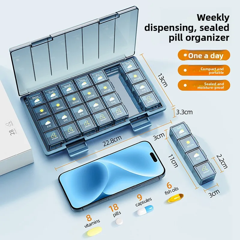 

Medicine box, English medicine storage box, seven-day weekly compartmentalized morning, noon and evening portable storage box