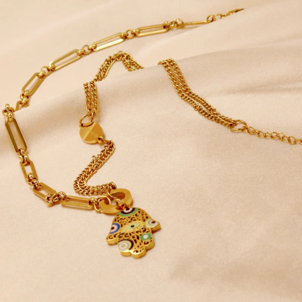 قلادة يد فاطمة عين الشر للنساء ، سلاسل ترقوة من الفولاذ المقاوم للصدأ ، مجوهرات تميمة تركية عتيقة ، لون ذهبي