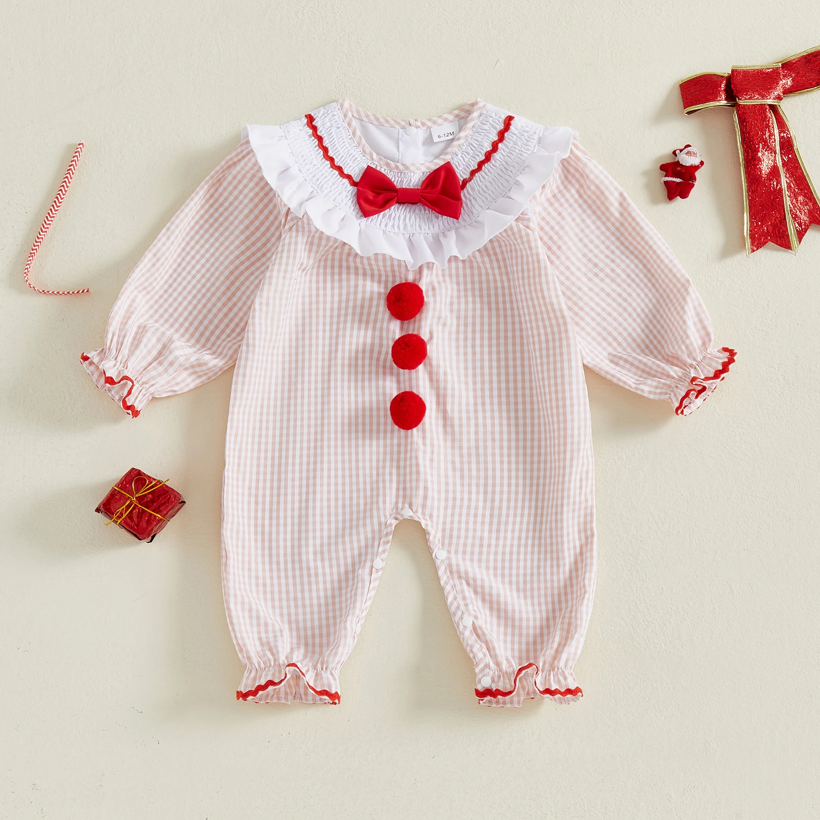 0-18 Months Baby Girls Plaid Romper Fashionable Round Neck Long Sleeve Christmas Bubble Jumpsuit