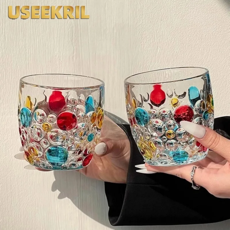 Creative Luxurious Whiskey Glasses Cups,Painted Glass Cups With Bead Dots,Juice Milk Cocktail Glass Cups,Homebar Kitchen Tools
