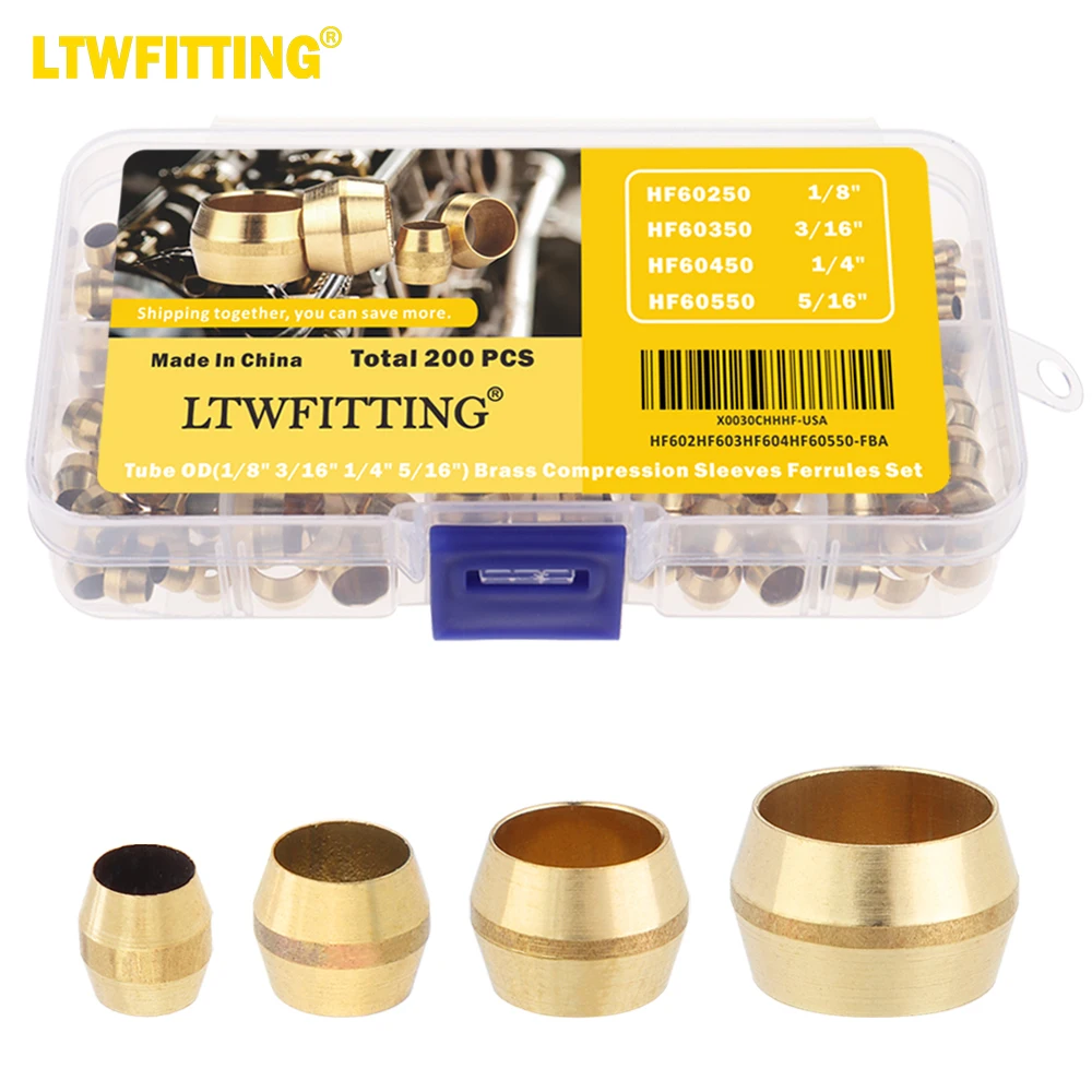 Kit assortimento LTWFITTING 1/8 3/16 1/4 puntali a compressione OD da 5/16 pollici, raccordi a compressione in ottone (confezione da 200)