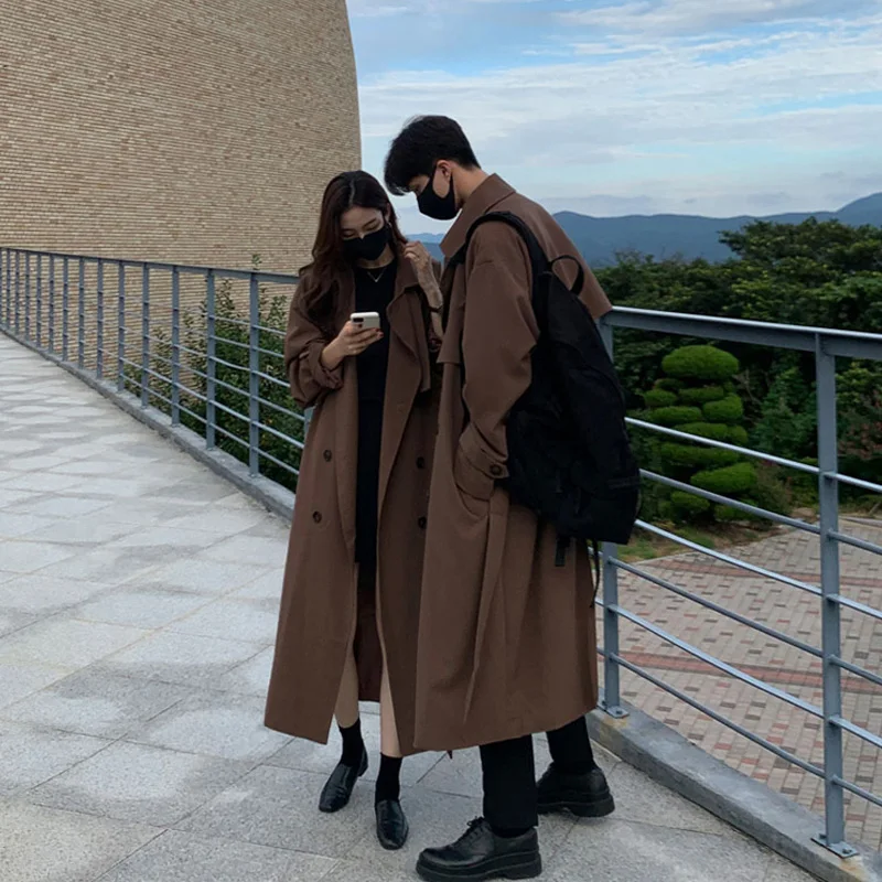 

Brown Kensington Men's Long Over-Knee Coat Autumn Winter Youth Faion Polyester Fiber Double-breasted Casual Outwear