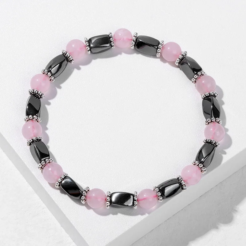 Black Hematite Bracelet Magnet Therapy Pink Quartzs Beads Bracelets For Women Men Loss Weight Health Care No-Magnetic Jewelry